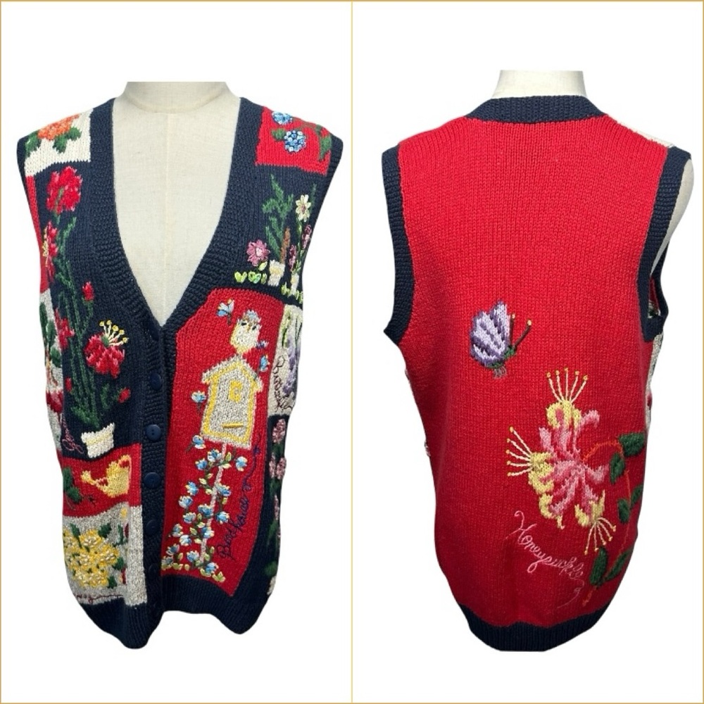 Vtg Marisa Christina Garden Hand-knitted Novelty Vest‎ S Cottage Floral Grandma